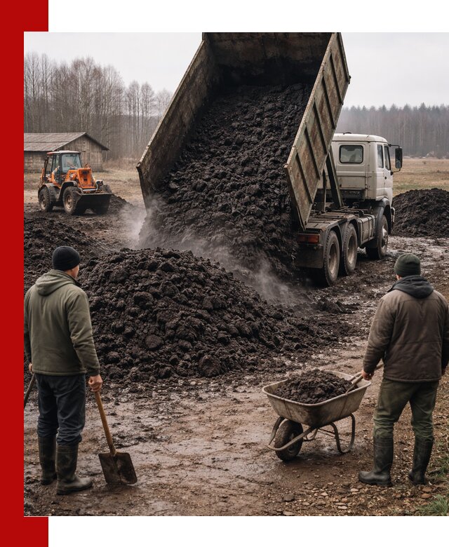 Доставка низинного торфа с разгрузкой и доставкой в Омске