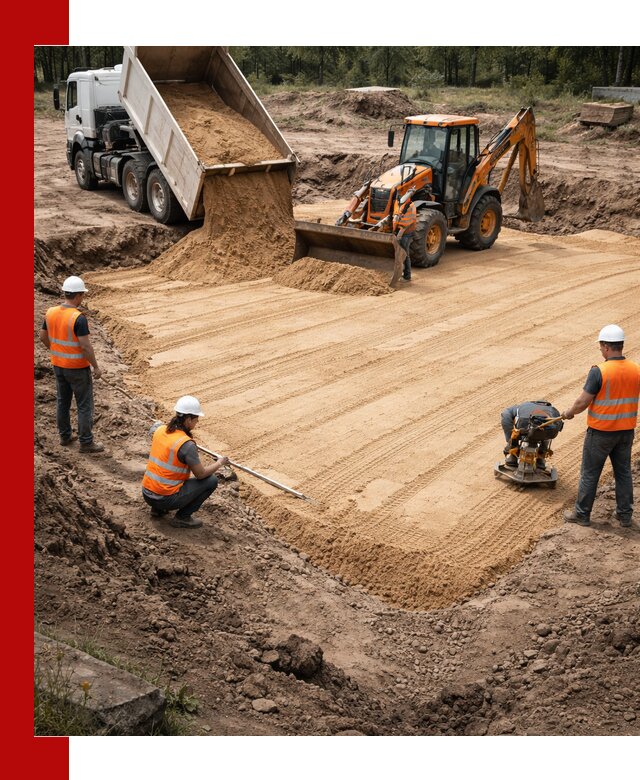 Устройство песчаной подушки для фундаментов и дорог в Омске